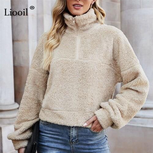 Liooil Thick Fleece Pullovers Turtleneck Zipper Long Sleeve Loose Brown Sweatshirts For Women Autumn Winter Streetwear 2021