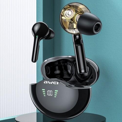 Digital Display Bluetooth Headset Awei TWS Dual Dynamic Driver Bluetooth 5.1 Handsfree Bass Touch Control In-Ear With Mic