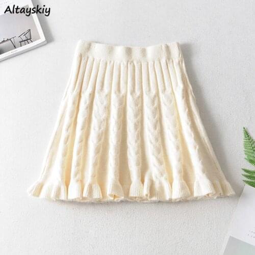 Knitting Skirts Women Warm High Waist Stretchy Ruched Ruffle Spring Autumn Solid College A-line All-match Trendy Female Preppy