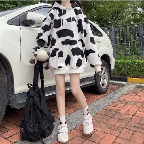 Cute Dairy Cow Print Women Oversized Hoodies 2021 Autumn Warm Casual Loose Printpocket Hooded Sweatshirt Winter Pullover Ladies