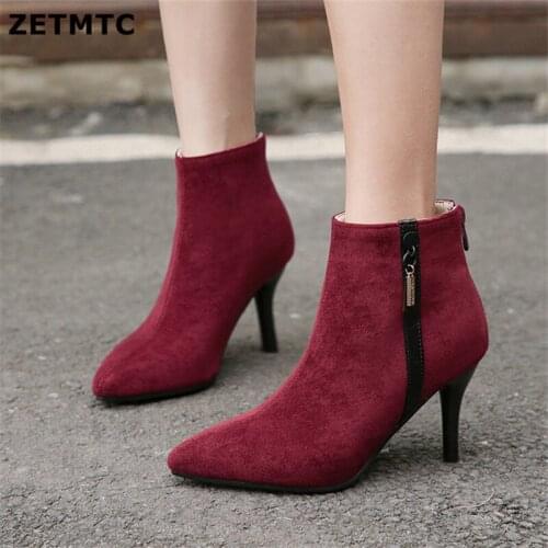 Pointed Toe Square Heel Women Boots Fashion Buckle Ankle Boots Women Shoes Zipper Cheap High Heel Boots Shoes Woman Large Size
