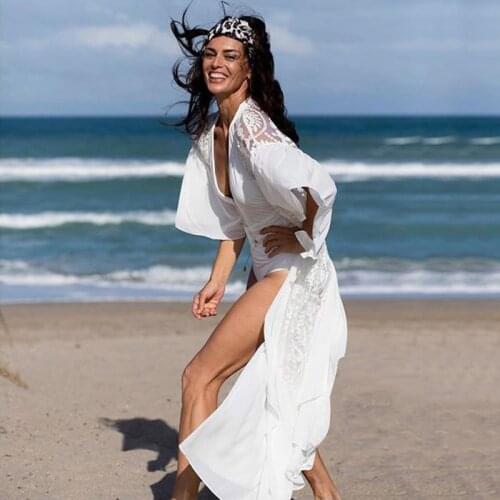 Women Bikini Cover Ups Swimwear Bathing Suit Summer Lace Chiffon Female Beach Hollow Out Long Dress Clothes