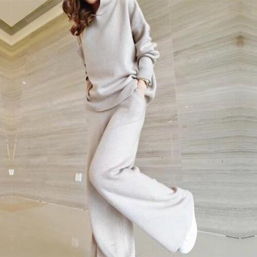 2020 autumn winter Women Solid Color Hooded Pullover Knit Sweater + Casual Wide Leg Pants Fashion Two Piece Set