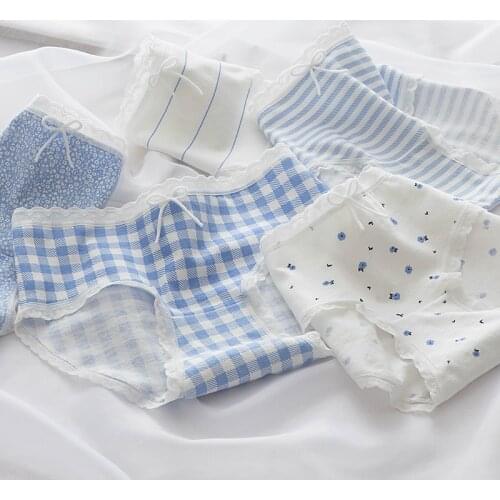 Women Underwear Blue Floral Print Pants Plaid Panties Cotton Briefs Lace Girl Female Panties NK52