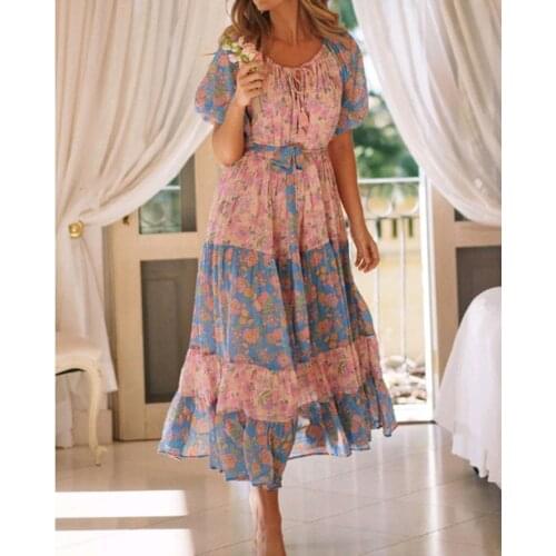 Happie Queens women floral print short sleeve beach loose sashes tassel Bohemian maxi dress Ladies o-neck Boho sundress vestidos
