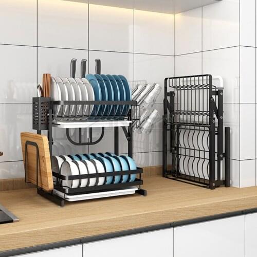2 Layer Foldable Dish Drying Rack Floor Desktop Stainless Steel Bowl Plate Holder Drain Shelf Kitchen Organizer 35*26.5*38cm