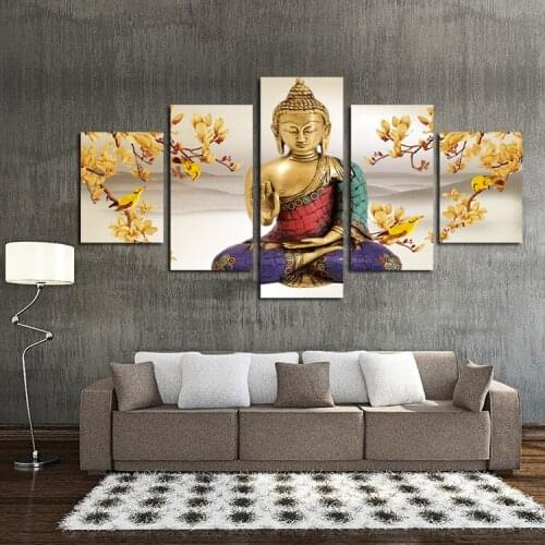 5 Panel Hanging Painting Free Shipping Buddha Art Canvas Wall Art Buddha Picture Modern Living Room Decorative Unframed