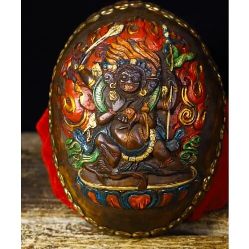 7"Tibet Buddhism Old silver inlay Skull head Tracing Four-armed Mahakala statue Bowl Kapala Skull Cup Gabala Bowl