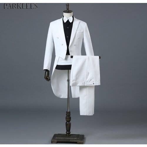 White Wedding Groom Tuxedo Swallowtail Coat Men Slim Fit 4 Piece Suit (Jacket+Pants+Blet+Tie) Party Stage Singer Prom Costumes