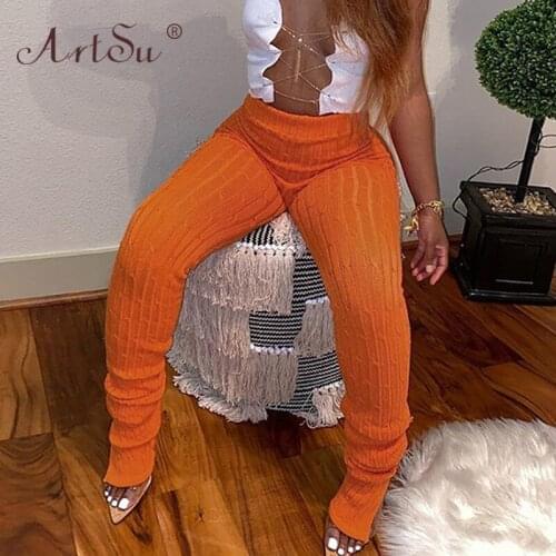 ArtSu Autumn Winter Wool Knitting High Waist Pencil Pants Women Skinny Streetwear Casual Trousers Female Sexy Slit Long Pants