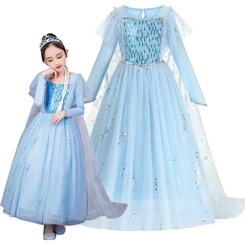 Kids Gold Powder Sequins Dress For Girls Autumn Long Sleeves Tulle Princess Clothes Elsa Cosplay Graceful Costumes 2-10T