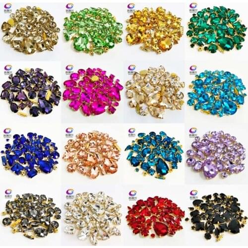58pcs/pack 22 Colors Gold Base Mix Shape Top Crystal Glass Sew on Stones,Super Flash Claw Rhinestone Diy/Clothing Accessories