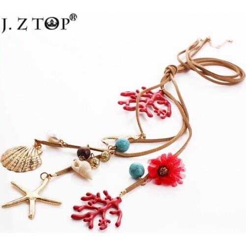 JZTOP Brand Imitation Pearl Flower Pendant Leather Rope Necklaces Fashion Alloy Coral Shell Starfish Star Tassel Necklace