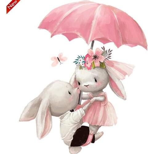 Wall Decal Pink Girl Decor Watercolor Couple Bunny Flying with Umbrella Wall Stickers for Kids Room Baby Nursery Room Decoration