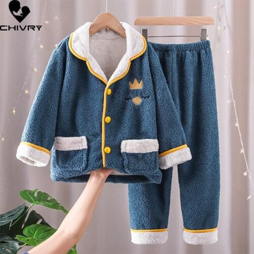 New Kids Flannel Pajama Sets Boys Girls Autumn Winter Thicken Warm Home Wear Children Lapel Long Sleeve Sleeping Clothing Sets