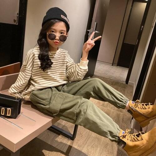2020 Autumn New Children Clothing Sets for Girls Korean-Style Fashion Striped Shirts Girls Sweater + Overall Pants Two-Piece Set