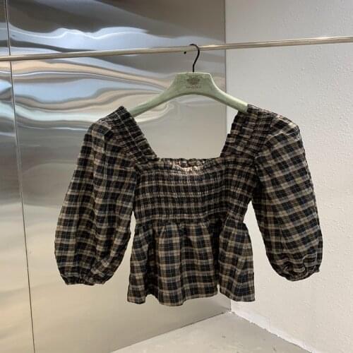 Spring Straight 2021 and summer new womens Ganni womens seersucker elastic pleated top