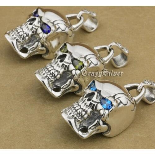 Huge Heavy 925 Sterling Silver Stone Eyes Skull Mens Biker Rocker Punk Pendant 9E108 Just Pendant