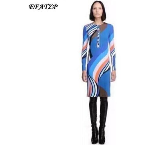 2015 Autumn Jersey Silk Dress Luxury Brands Womens Long Sleeve Charming Geometric Print Spandex Stretchable Signature XXL