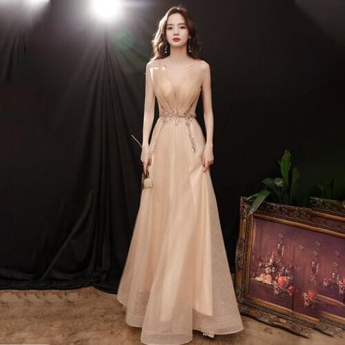 Special Occasion Dress Illusion V-Neck Sleeveless Tulle Lace Sequined Beading Pleat A-Line Luxury Champagne Women Prom Gown E917