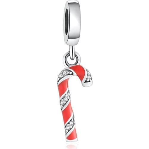Authentic S925 Silver Sparkling Candy Cane Dangle Charm fit Pandora Bracelet Bangle Berry Red Enamel & Clear CZ