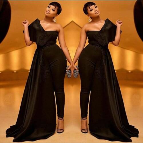Plus Size Black Prom Dresses Women Jumpsuits 2020 One Shoulder Satin Lace Appliqued Evening Gowns vestidos