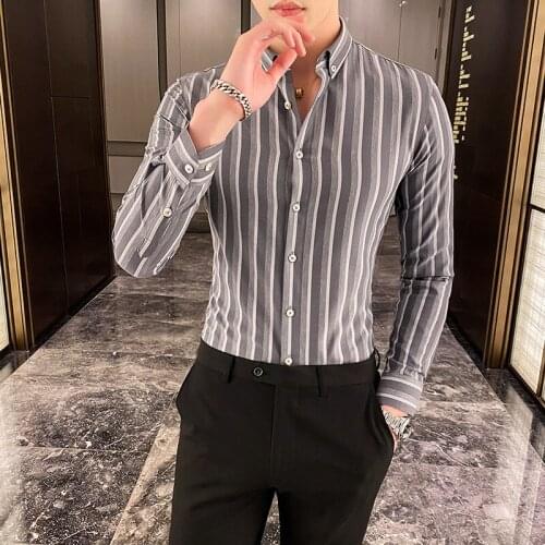 2020 spring and summer new mens long-sleeved youth slim Korean vertical striped shirt business gentlemans shirt