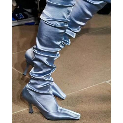 Over-the-knee Boots Women Silk Shoes Square Toe Show Thin Sexy High-heeled Long Boots Stiletto Pleated Elastic Tretch Boots Bota