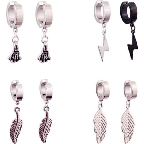 Classic Feather Skull hand charms Stainless steel Earrings for Women Girls Silver Color Pendant Stud Ear Jewelry Gifts 2 pieces