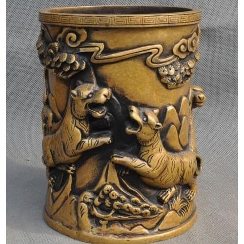 Old Chinese Fengshui Bronze Success 5 Tiger Animal statue Brush Pot Pencil Vase