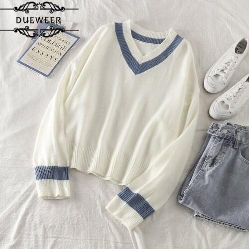 DUEWEER Sweater Pullovers Women V-Neck Patchwork Elegant Simple Design All-match Soft Leisure Chic Trendy Autumn Street Loose