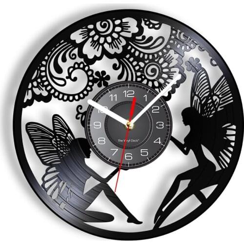 Fairy With Flowers Vinyl Record Wall Clock For Young Girls Room Tinker Bell Comedy Adventure Film Fine Art Decorative Wall Watch