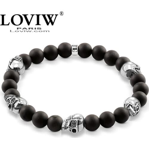 Black Five Skull Bead Bracelet Obsidian Matted silver-plate Jewelry Gift For Men women Halloween party jewel