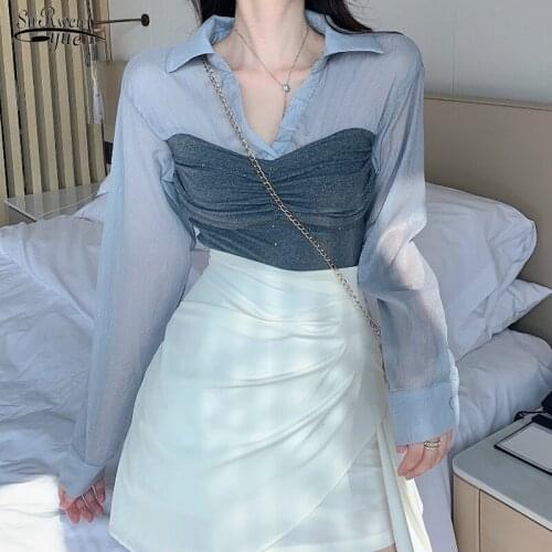 New Korean V Neck Short Sexy Top Women Color Patchwork Cotton Long Sleeve Shirts Women Casual White Blouse Femme Blusas 12386