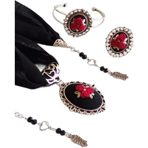 Women Design Jewelry Accessories Wedding Party Special Occasions Love Gift Scarf Bracelet Ring Noble Black Hand Zanaatı Flower Pattern