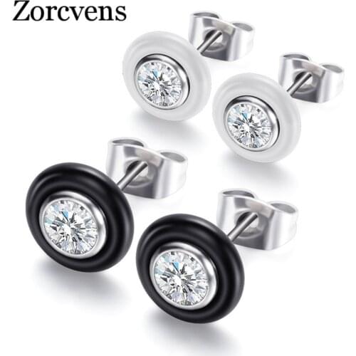 ZORCVENS Fashion Wedding Bijoux Black White Ceramic Stud Earrings For Women Silver Color Stainless Steel Cubic Zirconia Earring