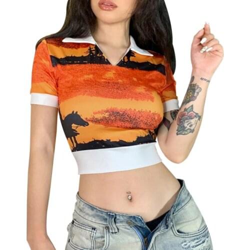 Womens Slim Fit Crop Tops Vintage Cowboy Horse Print Short Sleeve Lapel V Neck T-Shirts