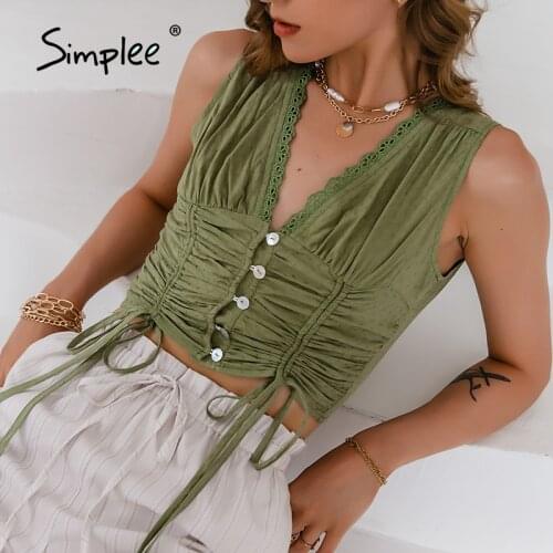 Simplee Sexy Green Deep V-Neck Sling Women Short Tops Fashion Summer Drawstring Button Vest 2021 Nightclub Outfits Female Tanks