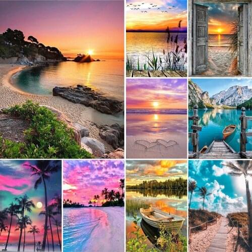 5D DIY Diamond Painting Seaside Sunset Rhinestone Landscape Art Picture Full Diamond Embroidery Mosaic Gift Home Decoration Kit