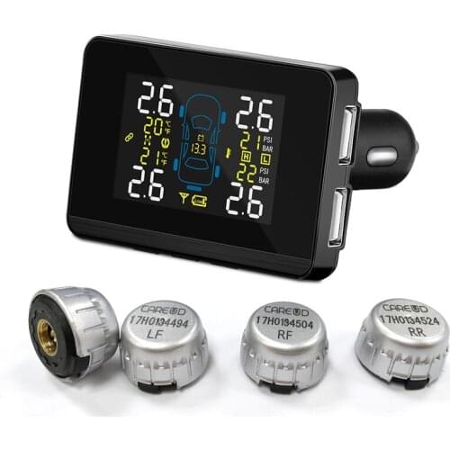 USB Ports for Phone Charge Car Wireless TPMS Tire Pressure Monitor System+4 External Replaceable Battery Sensors