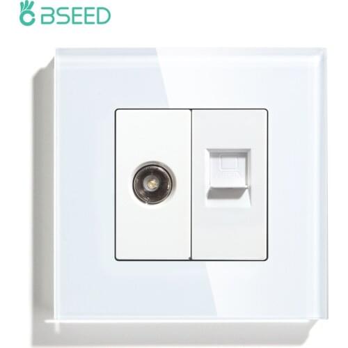BSEED TV Wall Power Socket CAT5 Internet Wall Socket Outlets Tempered Glass Panel White Black Gold