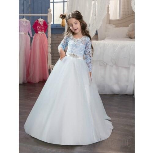 SKY Blue Long Sleeve Lace Girls Pageant Dress for teens 6 7 8 9 10 11 12 Years Old
