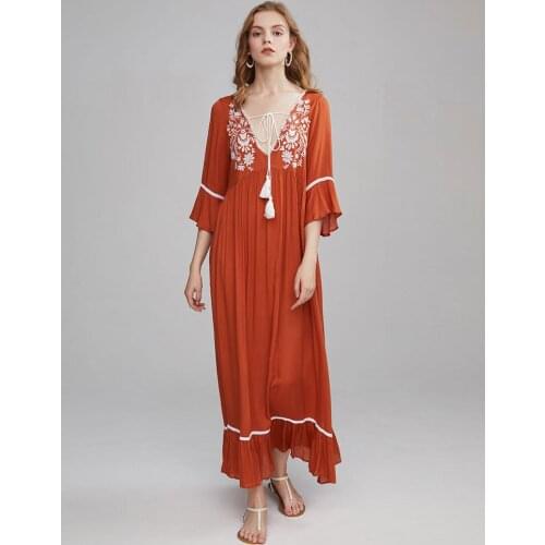 Summer new Nepal travel holiday beach island dress Bohemian sexy seaside dress retro ethnic embroidery loose long dress