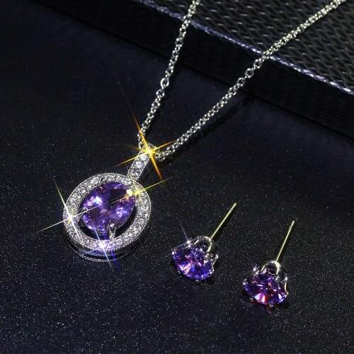 Trendy Female Purple Crystal Jewelry Set Charm Silver Color Stud Earring For Women Dainty Round Zircon Wedding Chain Necklace