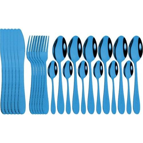 24Pcs Shiny Blue Western Cutlery Set Dinner Knife Fork Spoon Dinnerware Flatware Stainless Steel For Party Kitchen Tableware Set