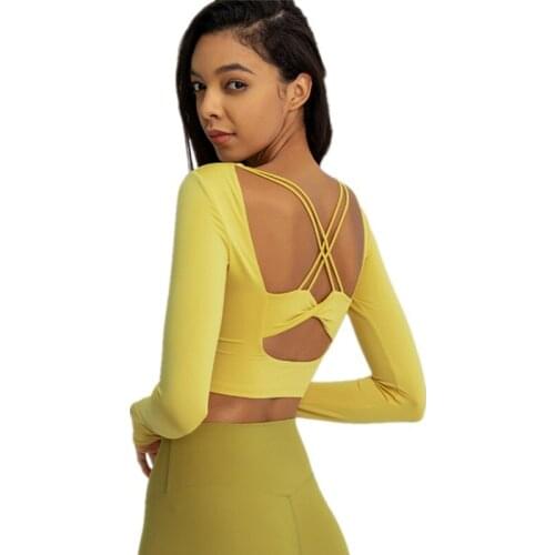 Autumn New Women Long Sleeve Workout Fitness Crop Top With Chest Padded Sexy Back Cross Hollow Out Women Tight Sport Yoga Shirts