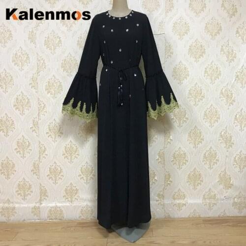 Dubai Muslim Open Abaya Dress Women Diamond Outwear Loose Long Robe Lace-up Turkish Islamic Clothes Trumpet Sleeve Hijab Dresses