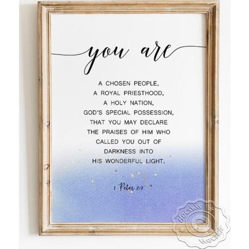 Peter You Are A Chosen People Bible Verse Quote Poster, Scripture Blue Watercolor Art Design Prints, Chic Christian Prayer Decor