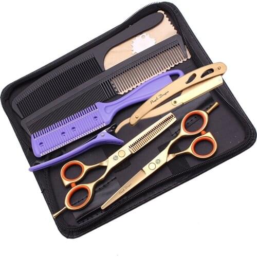 5.5 Inch Gold JP Stainless Steel Professional Hairdressing Hair Cut Scissors Set Barber Hair Thinning Kit Razor Blade Y1224