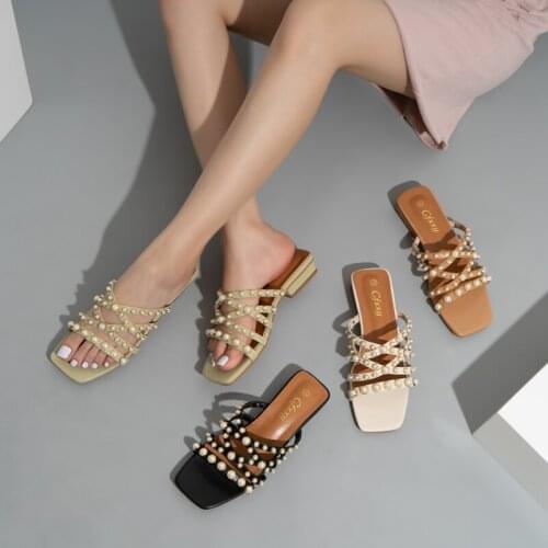 Rivets pearl cross spaghetti straps female slippers, fashion Korean version of low-heeled sandals, outdoor use